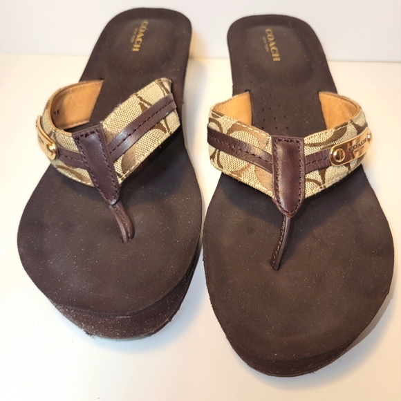 Coach Shoes - Coach  Women's  Jaden Wedge Flip Flop Size 8.5 B Khaki Brown Thong